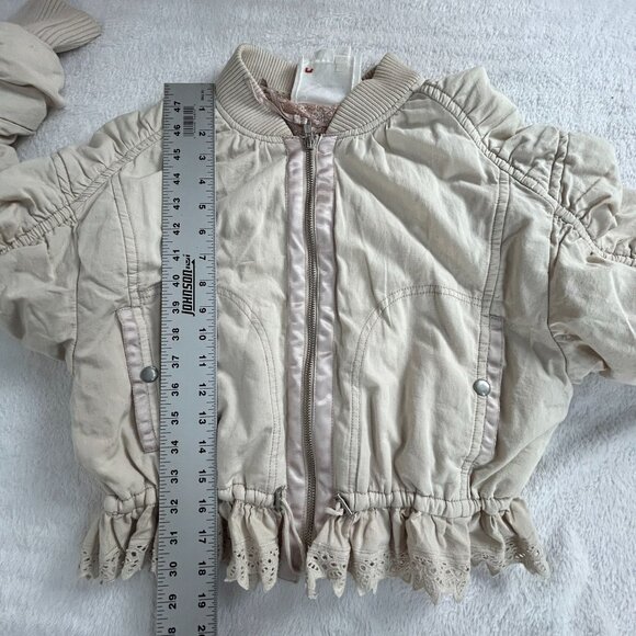 By Anthropologie Womens Ruched Lace-Trim Bomber Jacket Size XS Beige Cropped - Picture 8 of 9